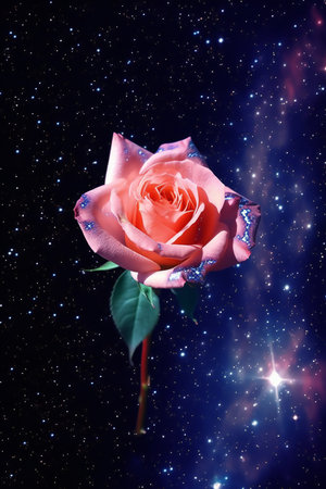 Pink rose on the background of the starry sky and space.の素材