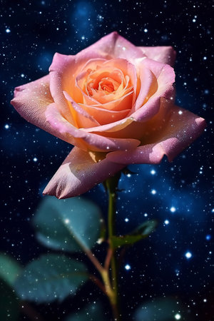 Beautiful pink rose on a background of the starry sky.の素材