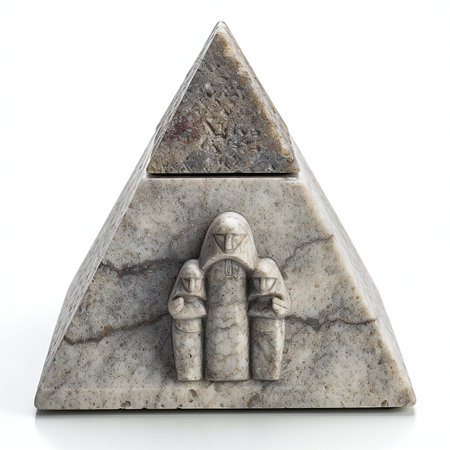 Stone pyramid with man and woman on a white background.の素材