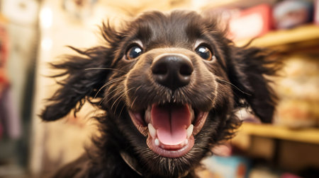 Cute black and white miniature cocker spaniel puppy with tongue outの素材