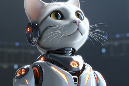 robot with a white cat on a dark background.の素材