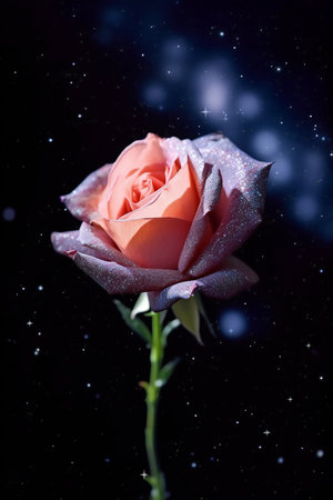 beautiful pink rose on a dark background with a lot of starsの素材