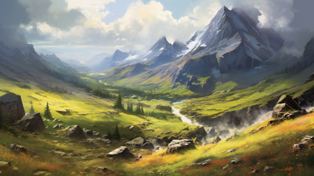 Fantasy landscape with mountains, meadow and clouds. Digital painting.の素材