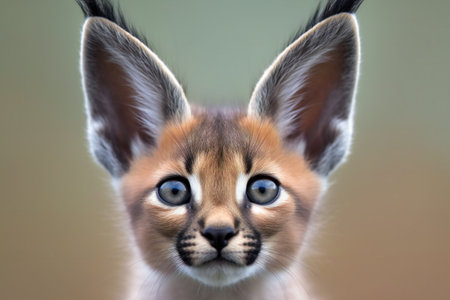Close up portrait of a caracal kitten with big blue eyesの素材