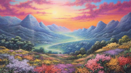 Mountain landscape with colorful flowers and beautiful sky. Digital painting.の素材