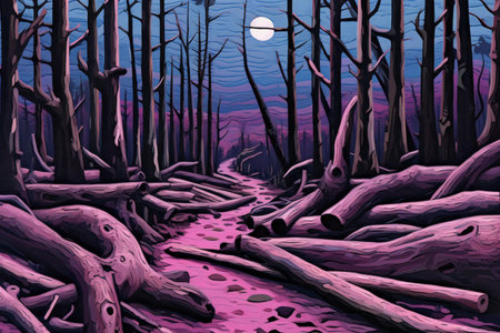 Landscape of the forest at night. illustration in a cartoon style.の素材