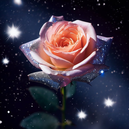 Beautiful rose on the background of the night sky with stars.の素材