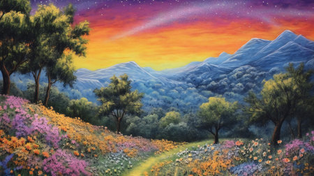 Landscape with flowers and mountains in the background. Digital painting.の素材
