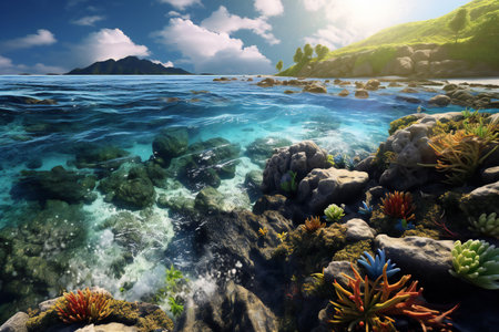 Beautiful seascape with rocks and tropical plants.の素材