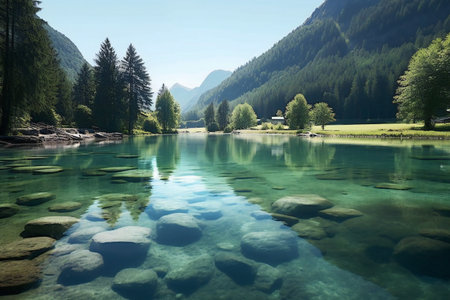 Idyllic alpine landscape with mountain lake and forest in summerの素材