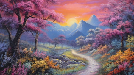 Beautiful autumn landscape with mountain and colorful forest. Digital painting.の素材