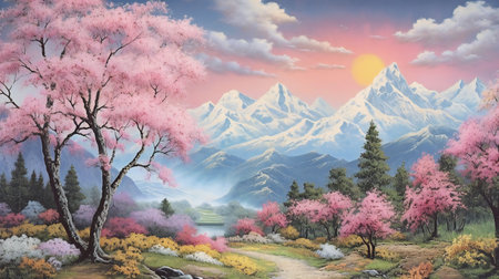 Digital painting of a spring landscape with cherry blossom trees and mountainsの素材