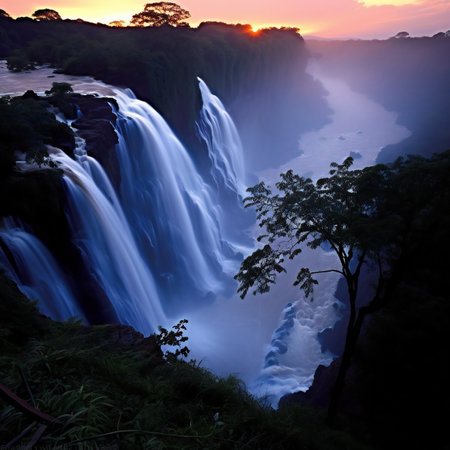 Victoria Falls at sunrise, Zambia, Zimbabwe, Africa, Africaの素材