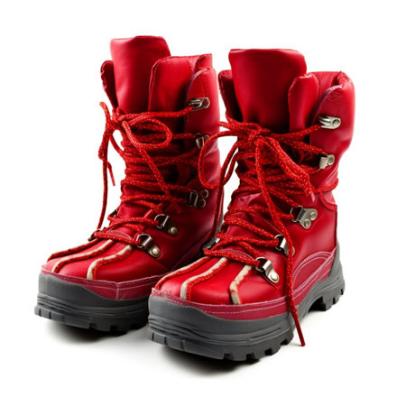 Red hiking boots isolated on white background.の素材