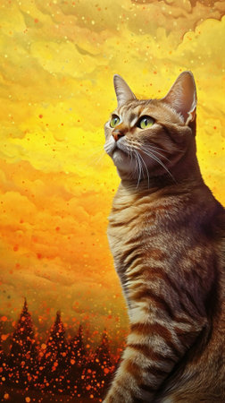 Portrait of a tabby cat on a background of an autumn landscape.の素材