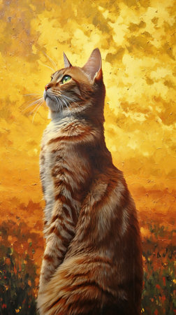 Portrait of a red cat on a yellow background. Painting.の素材