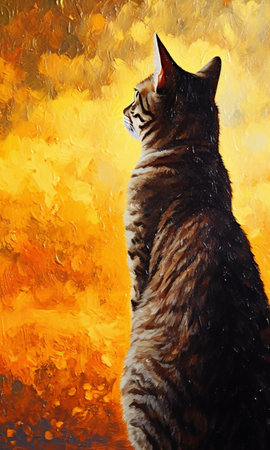 Portrait of a cat on a background of an orange wall.の素材