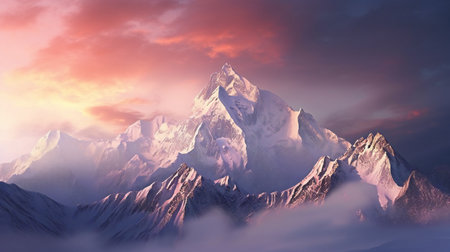 Mountains in clouds at sunset.の素材