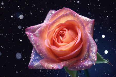 Beautiful pink rose on a black background with bokeh effectの素材