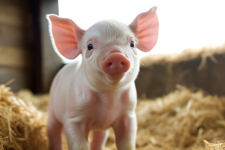 Cute little piglet on straw, closeup. Farm animalの素材