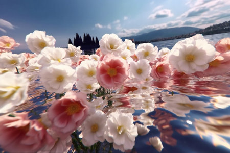 Cherry blossoms in Lake Lucerne, Switzerland reflected in waterの素材