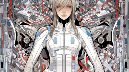 a female robot in a futuristic space station.の素材
