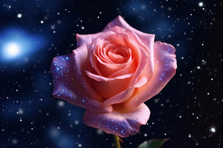 Beautiful pink rose on a background of the starry sky.の素材