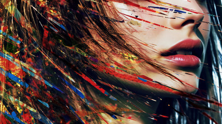 Beautiful woman with red lips and colorful paint on her face.の素材