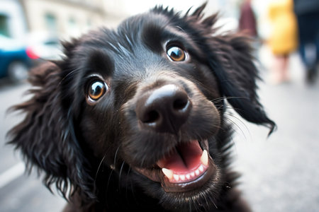 Portrait of a cute black dog with big eyes on the streetの素材