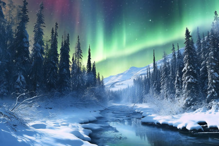 Aurora borealis, northern lights over the river in winter forestの素材