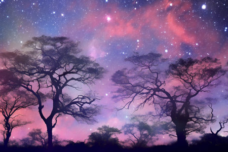 Fantasy landscape with silhouettes of trees and stars in the skyの素材