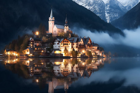 Panoramic view of Hallstatt village on the lake, Austriaの素材