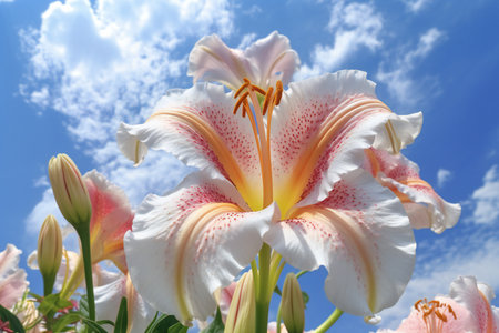 Beautiful lily flower with blue sky and white clouds background.の素材