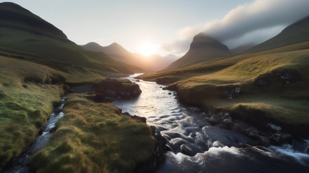 Beautiful panorama of a mountain river flowing through the highlandsの素材