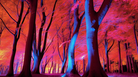Illustration of a fantasy forest with red trees in the night.の素材