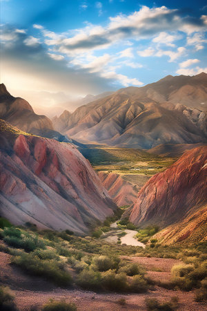 Colorful mountains at sunset, Kyrgyzstan, Dzhuku Valleyの素材