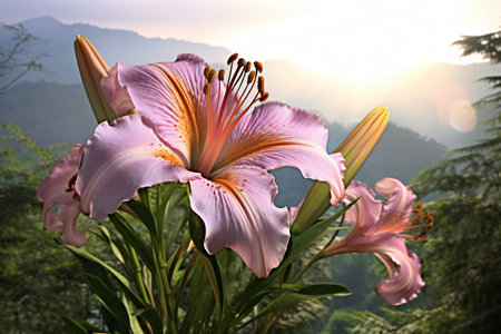 Lily flowers on the background of the mountains and the setting sunの素材