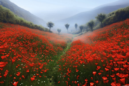 poppies on a hillside in the morning misty landscapeの素材