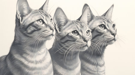 Three cats looking at the camera on a white background. Digital painting.の素材