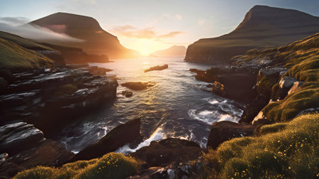 Beautiful seascape at sunrise in the Faroe Islands.の素材