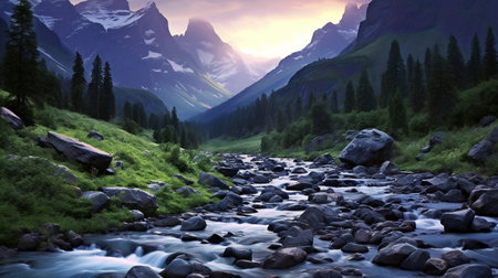 Beautiful mountain landscape with a river in the foreground and the mountains in the backgroundの素材