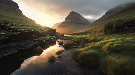 Icelandic landscape with river and mountains at sunset.の素材