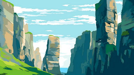 illustration of a mountain landscape with the sea and blue sky.の素材
