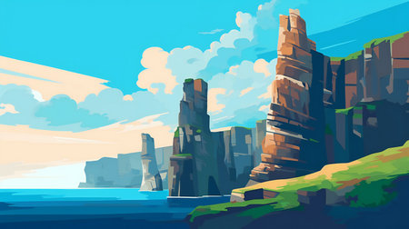 Fantasy landscape with high cliffs, sea and sky.の素材