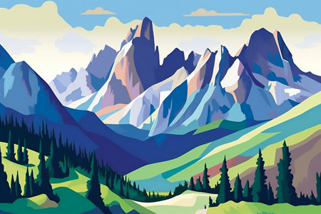 Mountain landscape with forest and high peaks. illustration in cartoon styleの素材