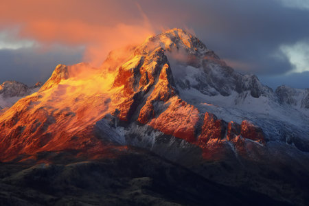 Sunset in the Himalayas of Annapurna Conservation Area, Nepalの素材