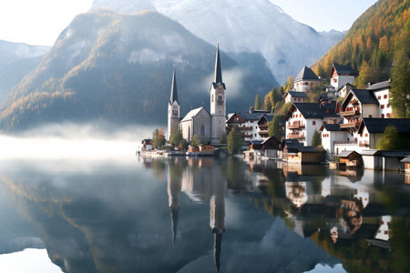 Hallstatt village on Hallstatter See lake in autumn, Austriaの素材