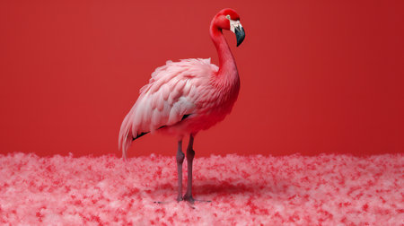 Pink flamingo standing on snow against red background with copy space.の素材
