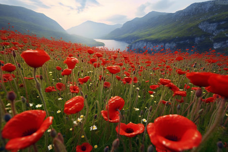 Red poppies on a green meadow with mountains in the backgroundの素材