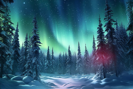 Aurora borealis in the night winter forest.の素材